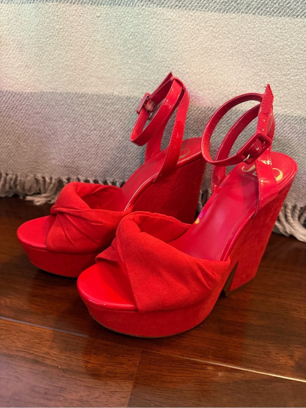 Jennifer Lopez Red Knotted Platform Wedge Sandals with Ankle Strap